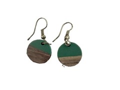Handmade Wood And Teal Resin Small Circle Hook Earrings