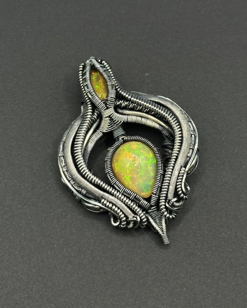 Ethiopian Opal Wire Wrapped Gemstone Pendant 2.19” Long Handmade Jewelry