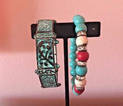 Boho Bracelets Set Of Two Turquoise, Copper And Ceramic Beads With Rhinestones