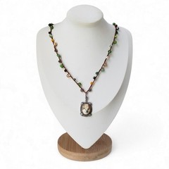 Thread & Luster Crocheted Boho Necklace Glass MOP Beads Vintage Habille Cameo