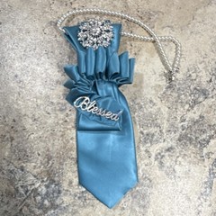 Joseph & Feiss Teal Silk Women’s Neck Tie Necklace, rhinestone brooch & blessed