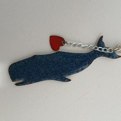 White Enameled Copper Whale Pendant Necklace 18” Silver Tone Chain Red Heart
