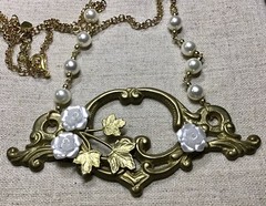 Rose Necklace- Leaves & Roses On Vintage Hardware,faux Pearl Beads , 20” Chain