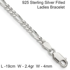 Bracelet Real 925 Sterling Silver Filled Solid Ladies 3×1 Figaro Bangle 19cm