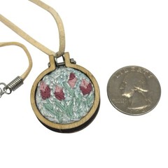 Pink Floral Hand Embroidered Pendant Necklace Boho 17” Handcrafted Statement