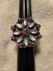 Large Aurora Opal & Gray Moonstone Sterling Silver Concho Style Adjustable Ring