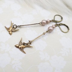 Handmade Antique Brass Small Bird Earrings, Champagne Pearl Cottagecore Jewelry