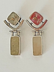 Opal Amethyst post earrings in sterling silver Bezel set signed Debbie Noiseau
