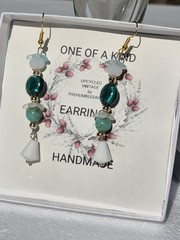 ​Upcycled Vintage Green Glass Earrings Handmade Boho Drop Dangle Stone Flower