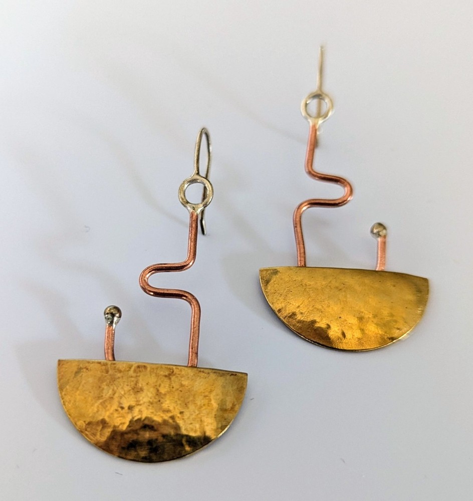 Artisan Hand Made Copper/Brass/Sterling Silver Abstract Dangle Hook Earrings