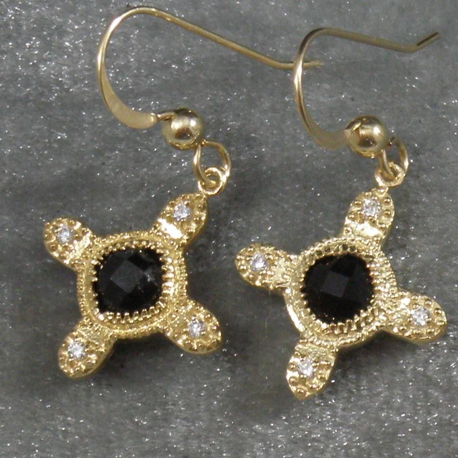 Faceted Black Onyx 14K GF Vermeil Gold on .925 Sterling Silver Cross Earrings