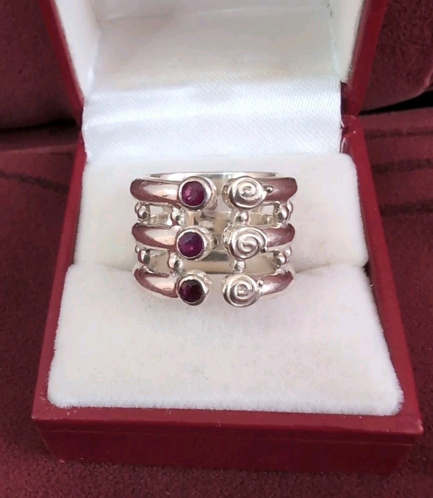 Modern Red Garnet Three Row Wrap Cocktail Sterling Silver Ring Size 6.5