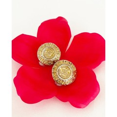GIVENCHY Coin Logo Embossed Gold Plated Clip On Earrings Greek Key Border 1980s