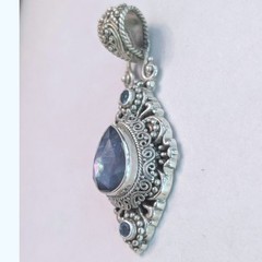 Sarda Sterling Silver 925 Ornate Blue Teardrop Artisan Filigree Pendant 12g