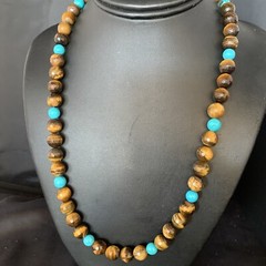 Navajo Blue Turquoise Brown Tigers Eye Sterling Silver Necklace 20″ 13895