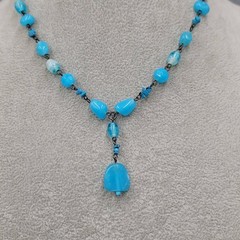 Signed Express Blue Art Glass Bead Y Drop Necklace 18″ adj