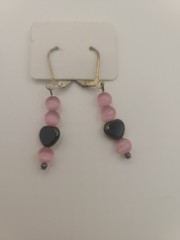 Artisan Crafted Wire Strung Pink Cats Eye Hearts Beaded Pierced Earrings