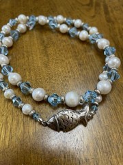 Artisan 21” Freshwater Pearl & Blue Crystal Necklace. 925 Fish Clasp