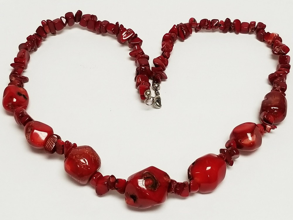 Vintage Glossy Dyed Raw Red Coral Stone Necklace 22″ ~ 88 grams
