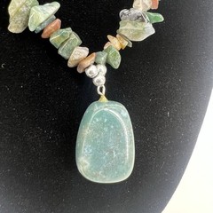 Artisan Green Moss Agate Tumbled Crystal Chip Strand Necklace Squared Oval Charm