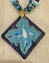 Susie S. Artisan Dolphin Ceramic Tile Pendant Necklace Beaded Coastal Ocean Art