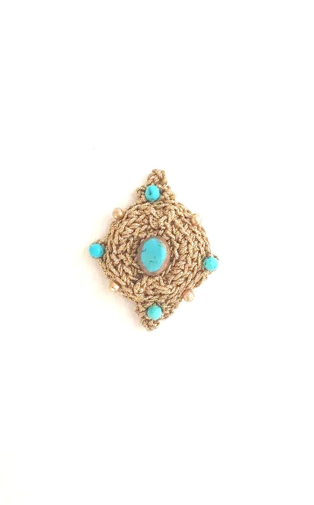 Handchrocheted brooch with turquoise and gold-dyed beads
