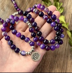 Boho Purple Agate Lotus Pendant Beaded 8mm Necklace Spiritual Meditation Soulful