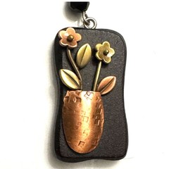 Handcrafted Metal Floral Charm Pendant – Copper Vase & Flowers on Black Pendant