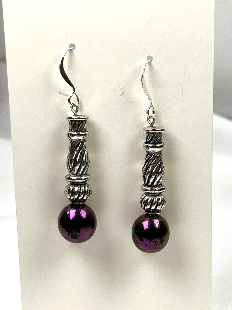 Handmade Purple Opalescent Glass Earrings, Silver Plated Hooks