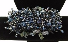 Handmade Bracelet GLASS BEADS BLACK IRIDESCENT BLUE PEACOCK GREEN JASPER 6 inch