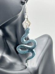 Snake and leaf light blue and silver earrings, costume jewelry