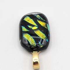 Dichroic Glass Pendant With Gold Tone Bail Shiny Glittery Green Black