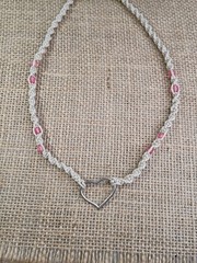 New Natural Hemp Necklace W/ Heart Charm and Pink Beads 19 – 20 in Twist Macrame