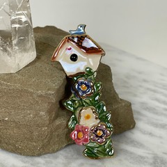 DAMAGED Handmade CERAMIC BIRDHOUSE FLOWER Brooch Gardener Gift Garden Bird Lover