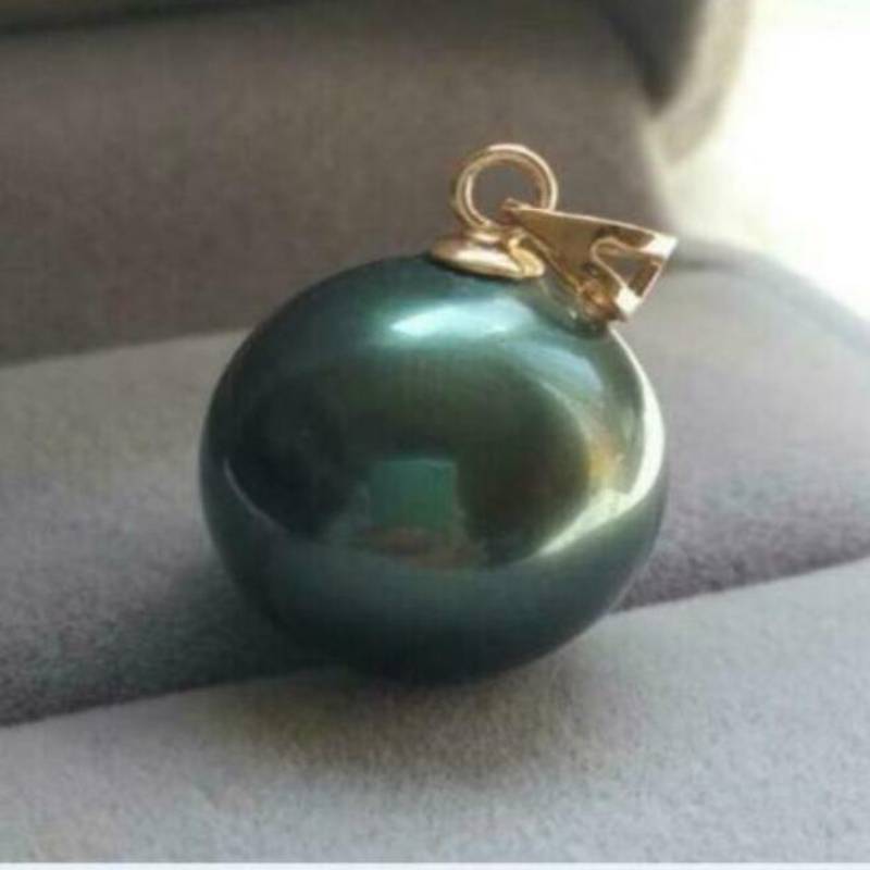 Huge AAA+ 16 mm Round Black Tahitian Shell Pearl Pendant 14 k gold Chakra Charm