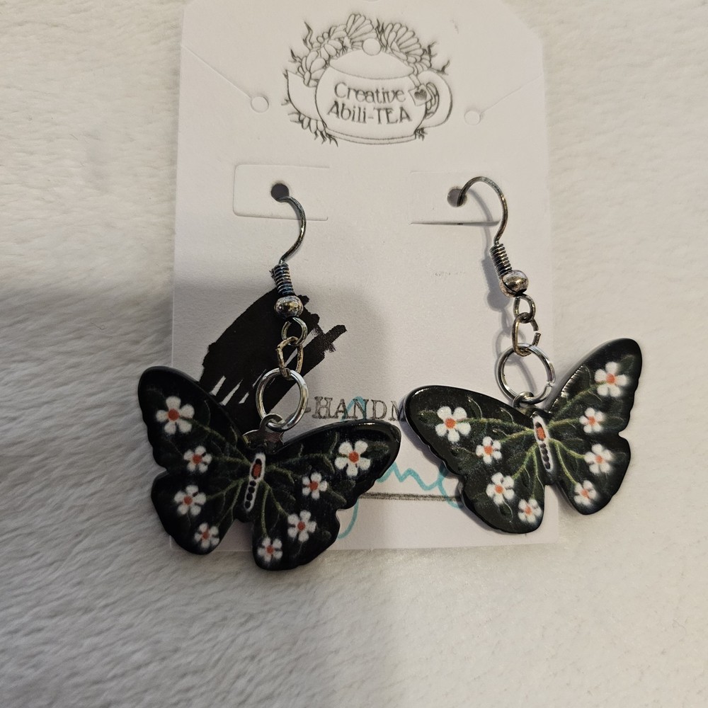 Butterfly Daisies Earrings Handmade Black Green White Yellow Dangle