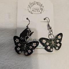Butterfly Daisies Earrings Handmade Black Green White Yellow Dangle