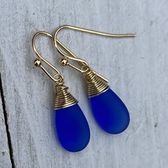 Min Favorit Cobalt Blue Sea Glass Teardrop & Gold Pl Artisan Wrap Earrings