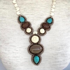 Hand Beaded Y Statement Bib Collar Necklace Boho 22″ Natural Stone Dyed Howlite
