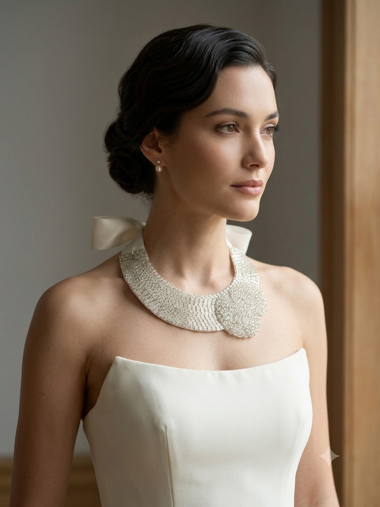 Handmade white beaded collar bib necklace