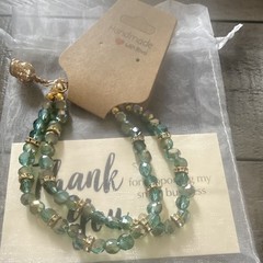 Handmade Green Round Crystal Beaded Bracelet Gold Tone Charm Adjustable Slider
