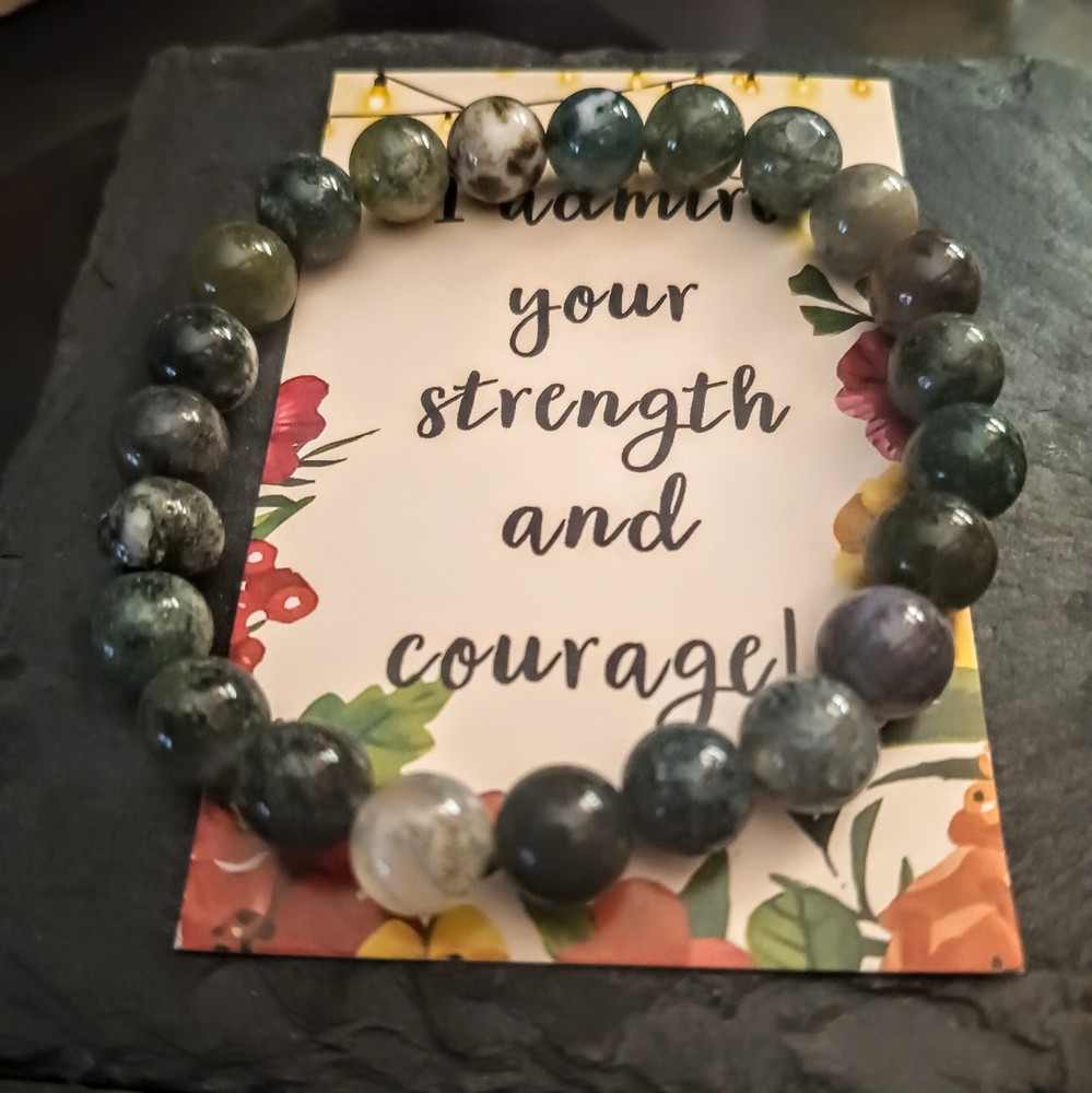 Moss Agate Beaded Bracelet on strong stretch cord with a Positive Message Card