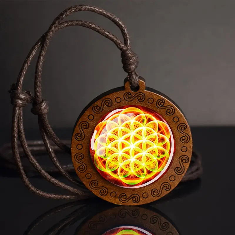 Bohemian Style Glass & Wood Pendant Necklace Spiritual Geometric Jewelry Gift