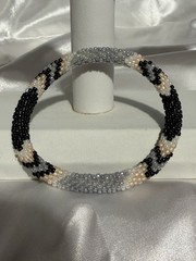 Handcrafted Beaded Bangle Bracelet Black White Gray Beige Glass Round