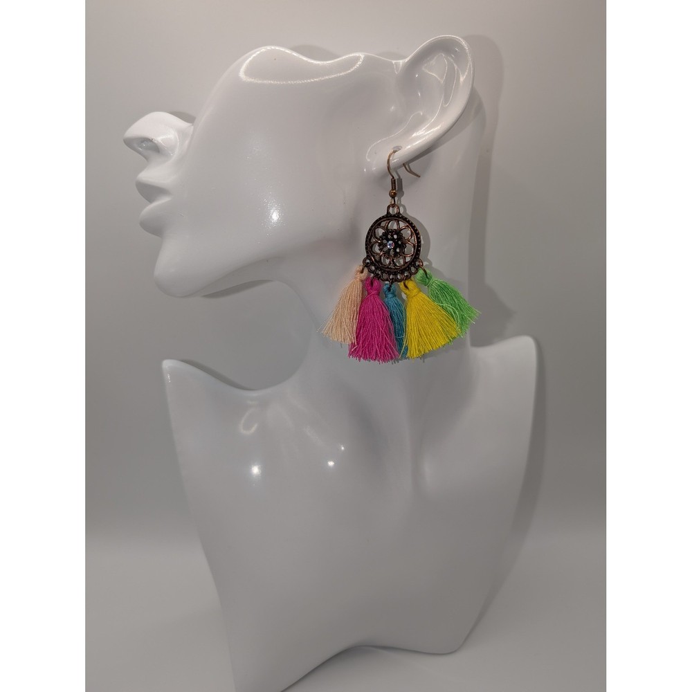 Handmade Rainbow Fringe Boho Embellished Circle Top Earrings Hook 3″ NEW