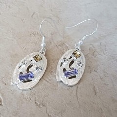 Oval Topaz Blue Clear Crystal Art Nouveau Sterling Silver Plated Dangle Earrings