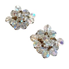 Vintage clip on earrings clear crystal clusters on gold tone dripping crystals