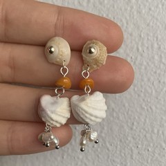 Handcrafted Shell Beaded Heart Dangle Earrings White Orange Beach Stud Silver