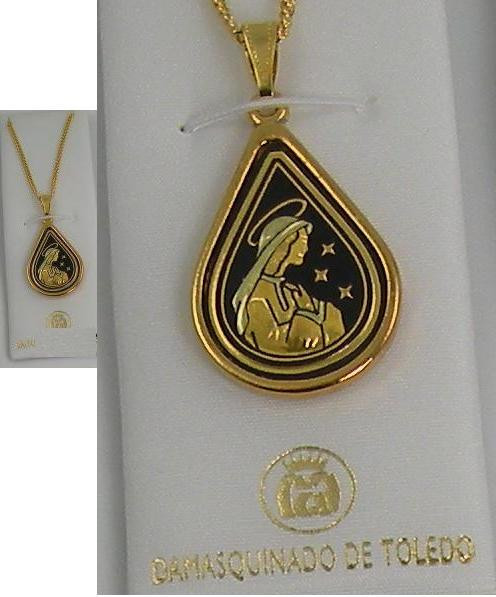 Damascene Gold Virgin Mary Teardrop Pendant Necklace by Midas of Toledo Spain