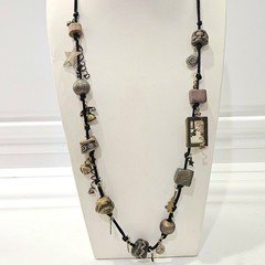 Artisan Mixed Media Charm Necklace Adjustable Cord Boho Folk Art OOAK